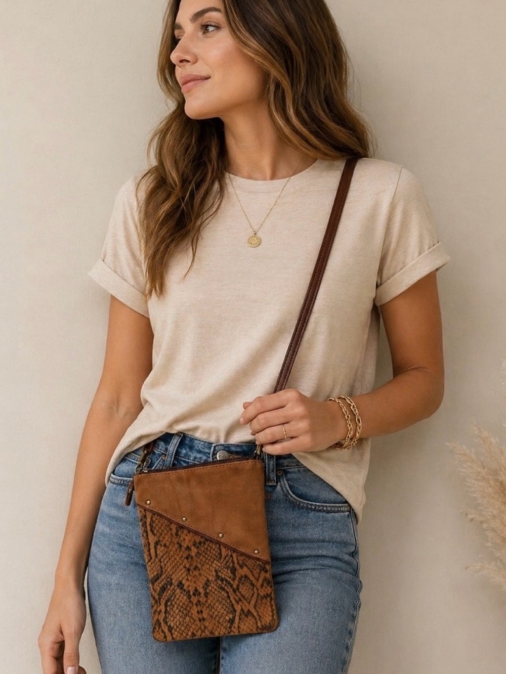 VAAN & Co Suede Leather Crossbody Bag Brown Patchwork Small Adjustable